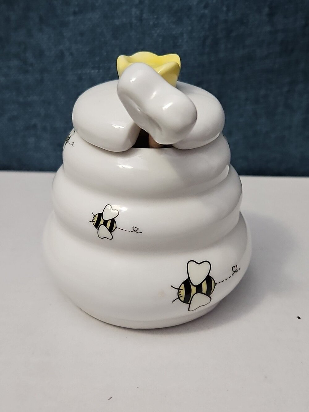 Mini Ceramic Beehive Honey Pot with Wooden Dipper | 3" Bee Theme Kitchen Decor - Picture 7 of 16